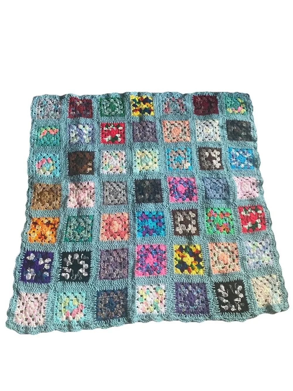 Vtg Afghan Grannycore pre Square Multicolored Handmade “41 x 41” Teal Blue/Green